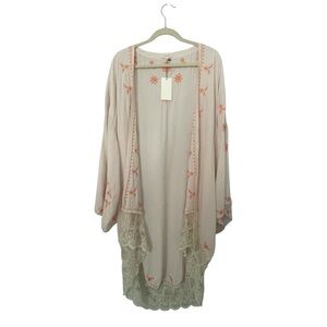 Embroidered Floral Lace Open Front Duster